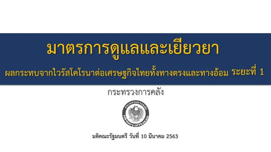กระทรวงการคลัง : มาตรการดูแลและเยียวยาผลกระทบจากไวรัสโคโรน่าต่อเศรษฐกิจไทย ทั้งทางตรงและทางอ้อม ระยะที่ 1 (เพิ่มเติม)