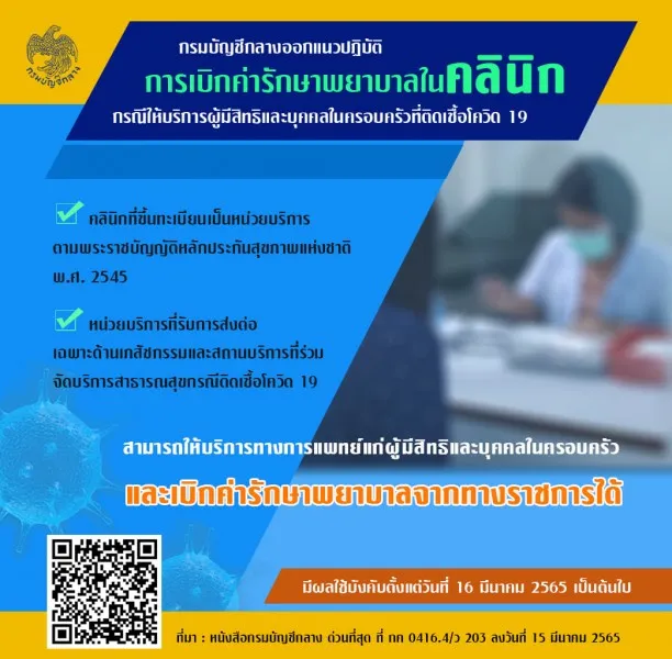 กรมบัญชีกลางออกแนวปฏิบัติการเบิกค่ารักษาพยาบาลในคลินิก กรณีให้บริการผู้มีสิทธิและบุคคลในครอบครัวที่ติดเชื้อโควิด 19