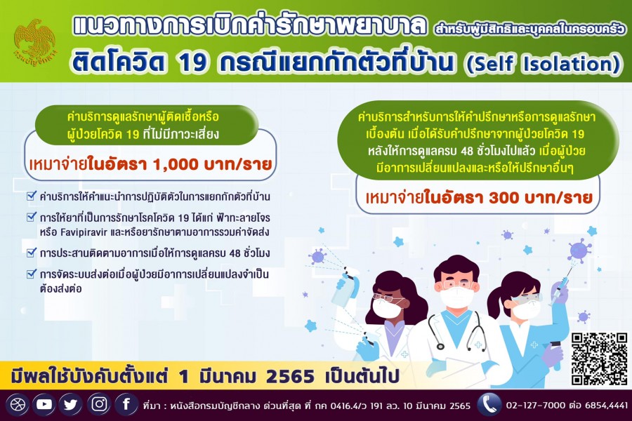 บก. กำหนดแนวทางการเบิกค่ารักษาพยาบาล สำหรับผู้มีสิทธิและบุคคลในครอบครัวที่ติดเชื้อโควิด 19 กรณีต้องแยกกักตัวที่บ้าน (Self Isolation)