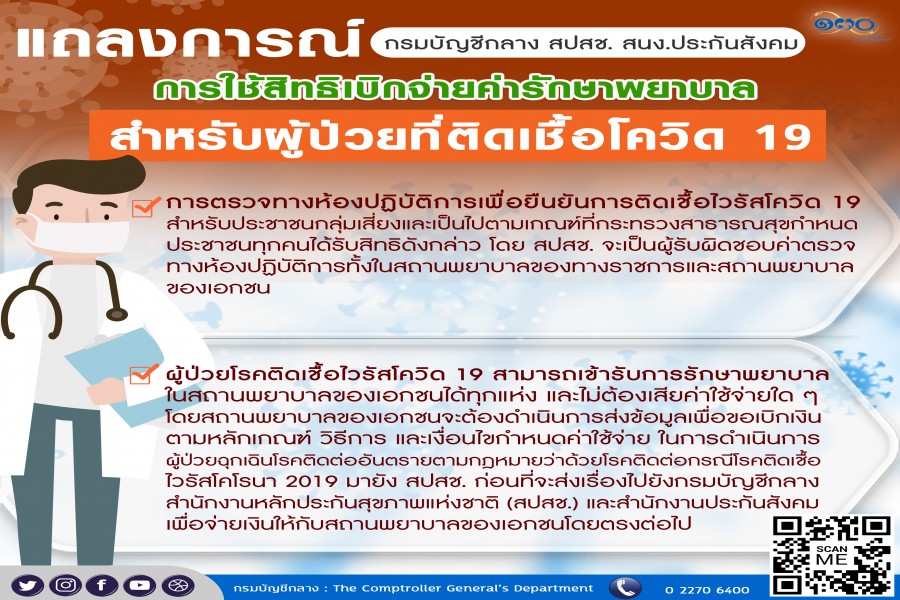 กรมบัญชีกลาง แถลงการณ์การใช้สิทธิเบิกจ่ายค่ารักษาพยาบาล สำหรับผู้ป่วยที่ติดเชื้อโควิด 19 ร่วมกับ สปสช. และสำนักงานประกันสังคม