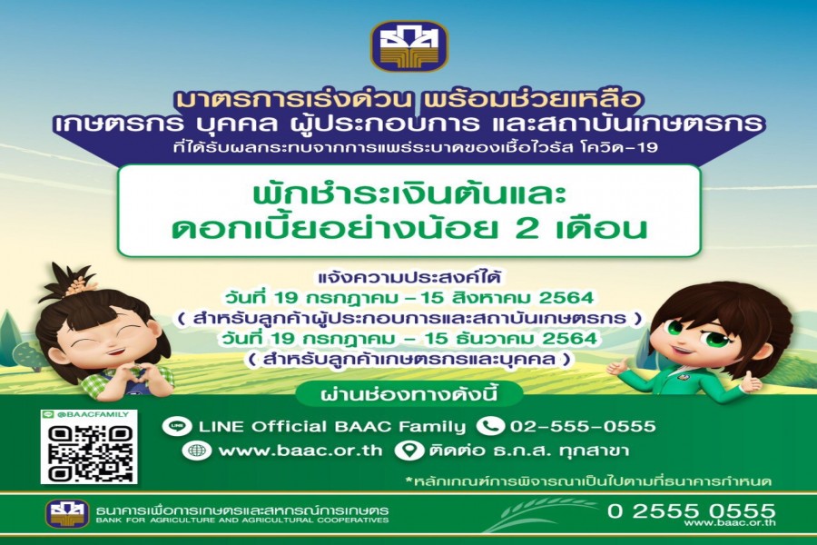 ธ.ก.ส. พักชำระหนี้เงินต้นและดอกเบี้ย ช่วยเหลือลูกค้าฝ่าวิกฤติ COVID – 19