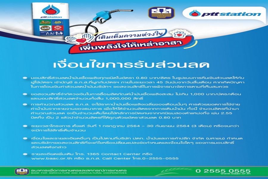 ธ.ก.ส. – โออาร์ ส่งกำลังใจด่านหน้าสู้ภัย COVID-19 พร้อมมอบส่วนลดเติมน้ำมัน ณ ปั๊ม พีทีที สเตชั่น ให้สมาชิก อสม. อสส. และ สพฉ.