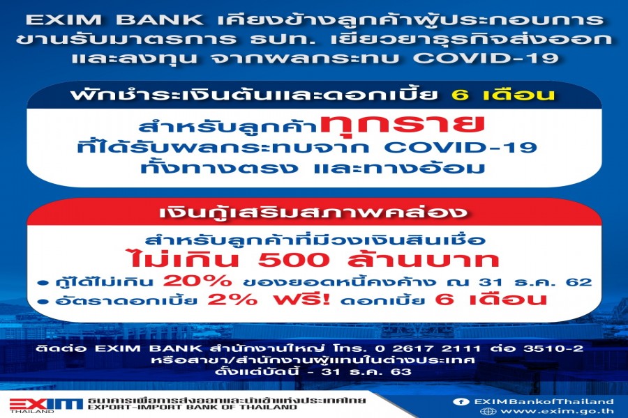 ธนาคารเพื่อการส่งออกและนำเข้าแห่งประเทศไทย : EXIM BANG เคียงข้างลูกค้าผู้ประกอบการ ขานรับมาตรการ ธปท. เยียวยาธุรกิจส่งออกและลงทุนจากผลกระทบ COVID – 19