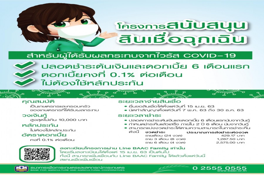 ธนาคารเพื่อการเกษตรและสหกรณ์การเกษตร : โครงการสนับสนุนสินเชื่อฉุกเฉินสำหรับผู้ได้รับผลกระทบจากไวรัส COVID-19